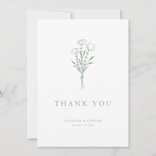 ミニマリストなセージグリーンの花束 ウェディング サンキューカード (正面)