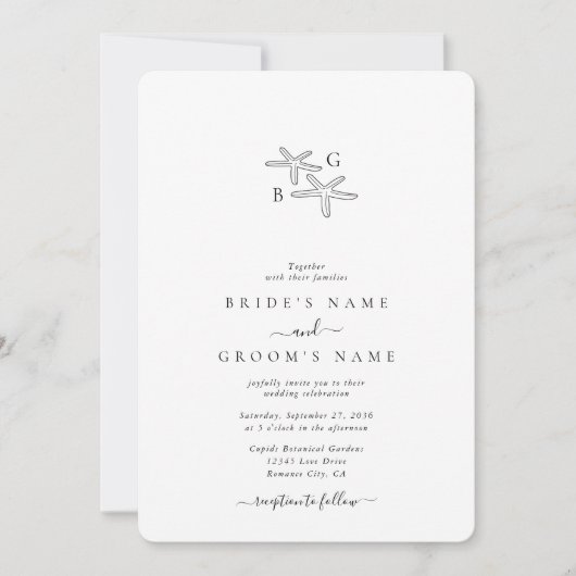 ミニマリストなヒトデビーチモノグラムウェディング 招待状 (正面)