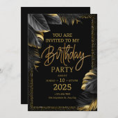 ミニマリストなブラックとゴールドの誕生日招待状 招待状 (正面/裏面)