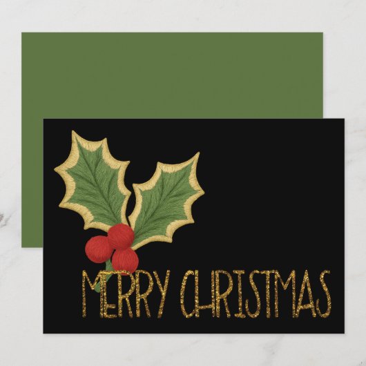 ミニマリストなホリーベリー刺繍のクリスマス シーズンカード (正面/裏面)