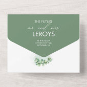ミニマリストな優雅なユーカリグリーンのウェディング オールインワン招待状 (裏面)