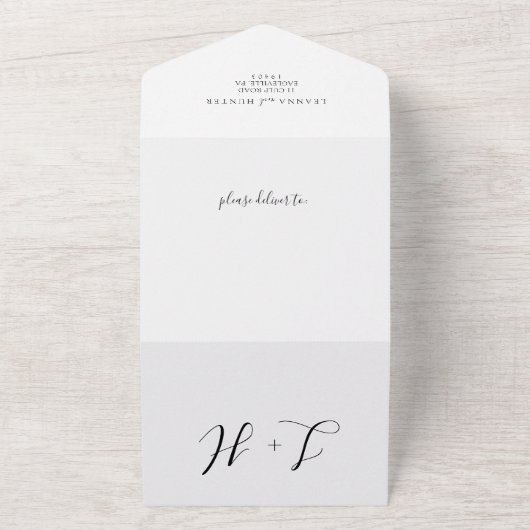 ミニマリストな白と黒の写真の結婚式 オールインワン招待状 (外側)