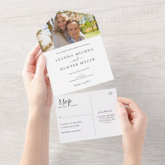 ミニマリストな白と黒の写真の結婚式 オールインワン招待状 (貼ってはがせる)