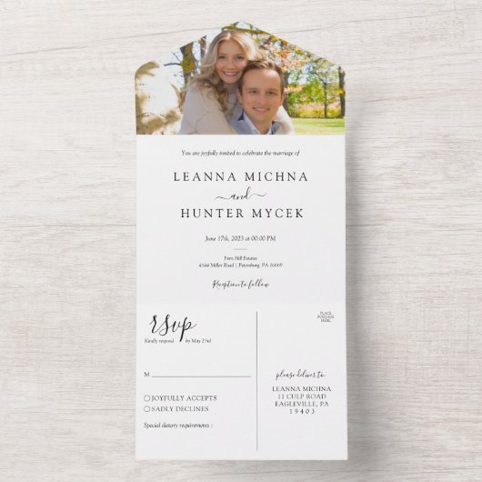 ミニマリストな白と黒の写真の結婚式 オールインワン招待状 (内側)