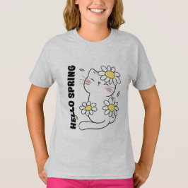 ミニマリストな美意識 Hello Spring 猫とデイジー Tシャツ
