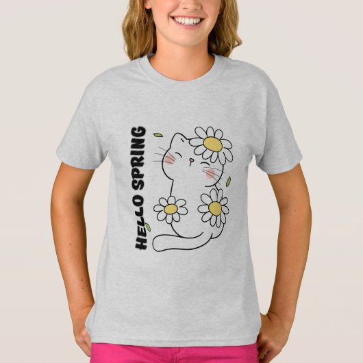 ミニマリストな美意識 Hello Spring 猫とデイジー Tシャツ (正面)