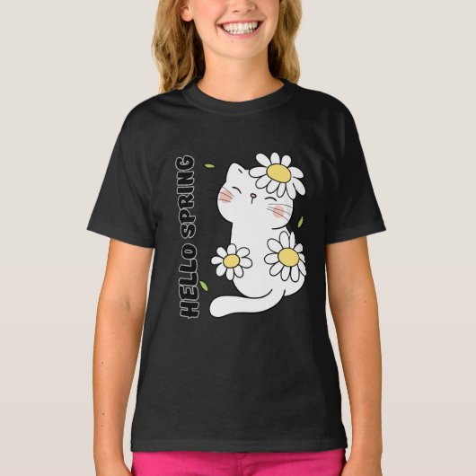 ミニマリストな美意識 Hello Spring 猫とデイジー Tシャツ (正面)