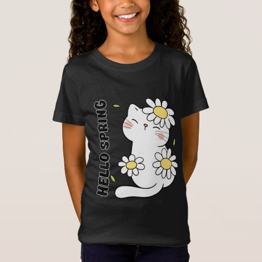 ミニマリストな美意識 Hello Spring 猫とデイジー Tシャツ (正面)