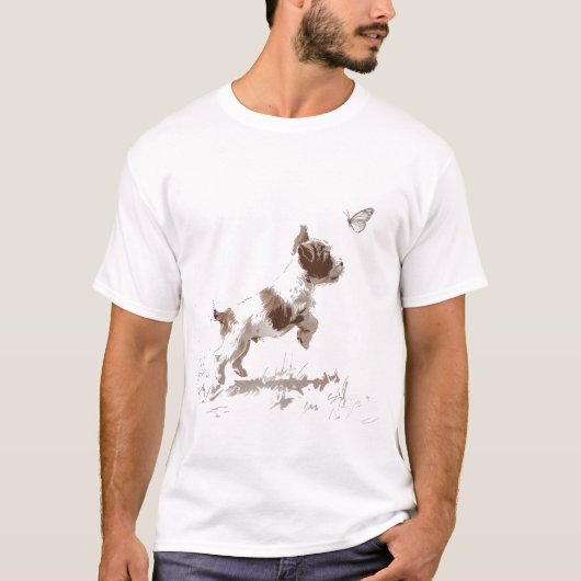 ミニマリストな蝶を追う遊び心のある子犬 Tシャツ (正面)
