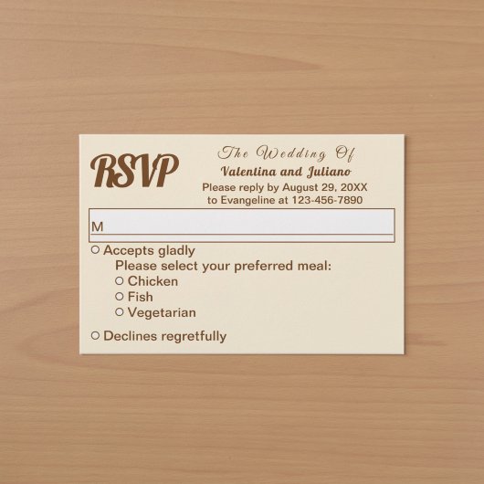 ミニマリストな象牙色とブラウンのテキストの結婚式RSVP 出欠カード