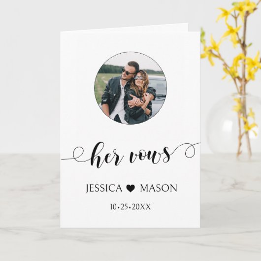 ミニマリストな黒と白の彼女の結婚誓約写真カード カード (黄色い花)