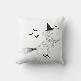 ミニマリストな黒の線画の魔女とハロウィンのコウモリ クッション