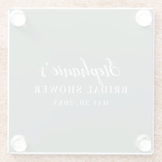 ミニマリストな Sage Green とホワイトのブライダルシャワー ガラスコースター (裏面)