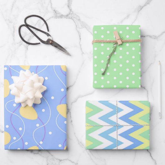 ミニマリストのイースターブルー、緑と黄色の3セット ラッピングペーパーシート (正面)
