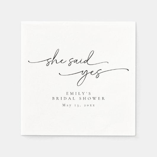 ミニマリストのウェディングシャワーナプキン　彼女はイエスと言った スタンダードカクテルナプキン (正面)
