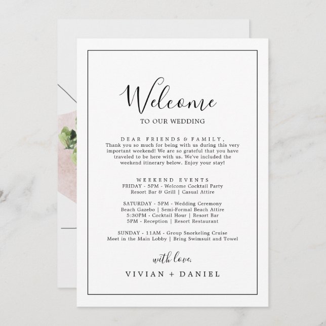 ミニマリストのウェルカムレターの旅程と地図 (正面/裏面)