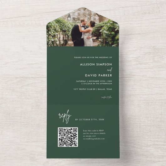 ミニマリストのエメラルド結婚グリーンのQRコード オールインワン招待状 (内側)