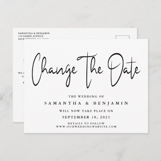 ミニマリストのエレガントな結婚式が日付を変える 案内ポストカード (正面/裏面)