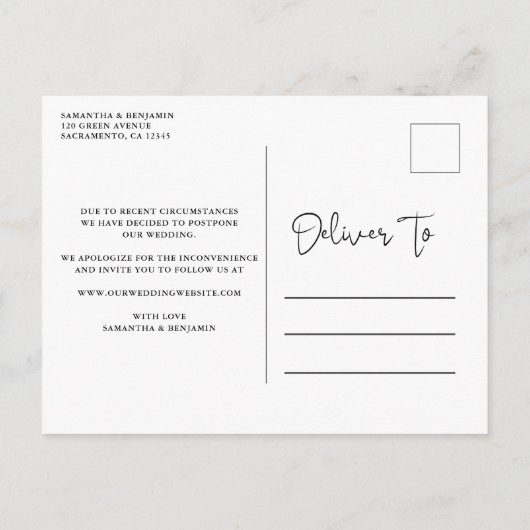 ミニマリストのエレガントな結婚式が日付を変える 案内ポストカード (裏面)