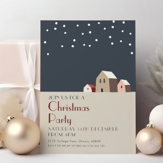 ミニマリストのクリスマスビレッジ 雪の夜の休日 招待状