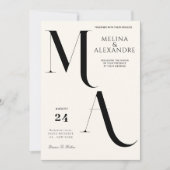 ミニマリストのクリームモノグラム結婚式 招待状 (正面)