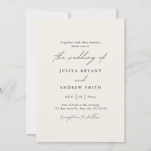 ミニマリストのクリーム結婚スクリプト 招待状 (正面)