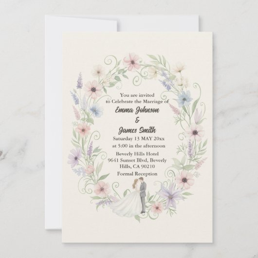 ミニマリストのクリーム色の花柄結婚式招待状 招待状 (正面)