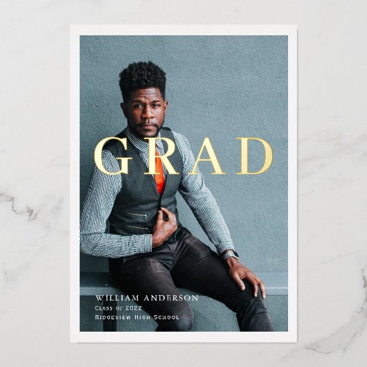 ミニマリストのクリーン写真海軍ブルー卒業パーティー 箔招待状 (正面)