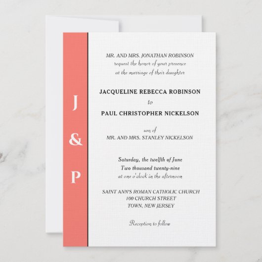 ミニマリストのコーラルホワイトモノグラム 招待状 (正面)