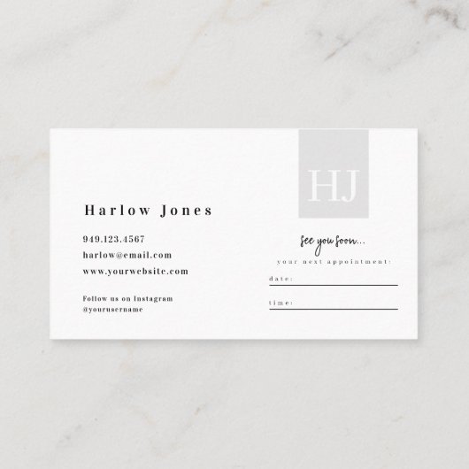 ミニマリストのシグネチャーブラックとホワイトのアポイントメント& 名刺 (裏面)