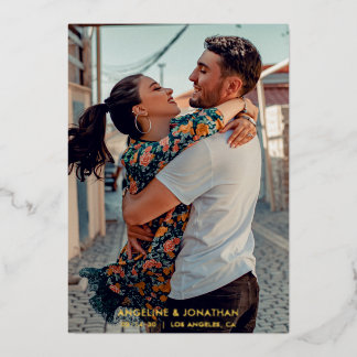 ミニマリストのシックで日付結婚の写真金ゴールドを保存 箔招待状