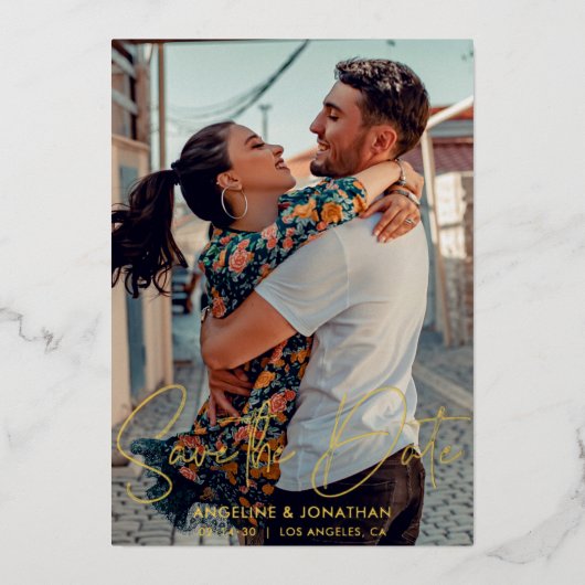 ミニマリストのシックで日付結婚の写真金ゴールドを保存 箔招待状 (正面)