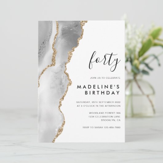 ミニマリストのシルバー金ゴールドアゲード40歳の誕生日 招待状 (スタンド正面)