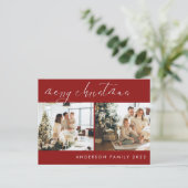 ミニマリストのスクリプトのクリスマスグリーティング |赤 ポストカード (スタンド正面)