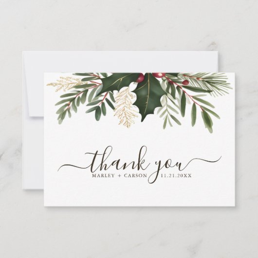 ミニマリストのスクリプトのクリスマス結婚の緑 サンキューカード (正面)