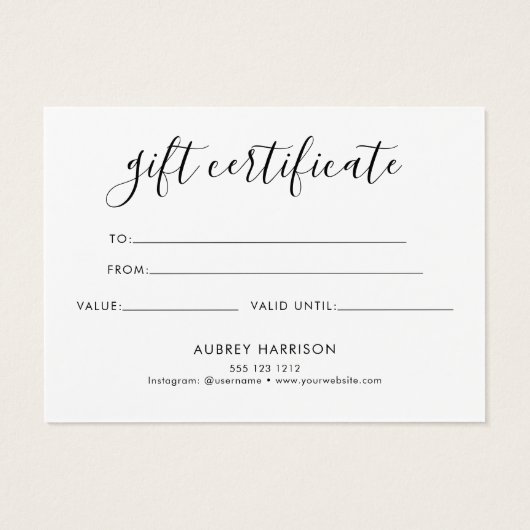 ミニマリストのスクリプトホワイトギフト証明書 (裏面)