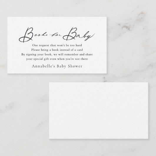 ミニマリストのスクリプトホワイトベビーシャワーのブックリクエスト エンクロージャーカード (正面/裏面)