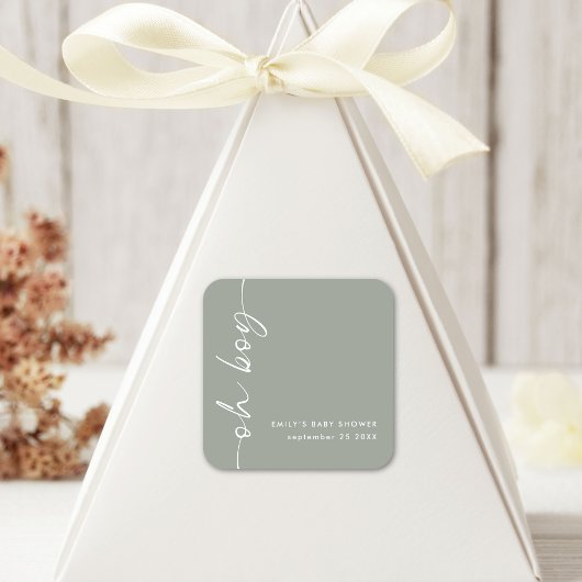 ミニマリストのスクリプト名Oh Boy Sage Baby Shower スクエアシール