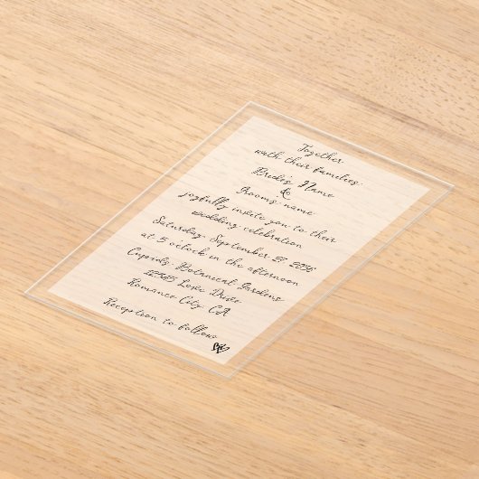 ミニマリストのスクリプト書の手タイポグラフィ結婚の アクリル招待状 (レイダウン)