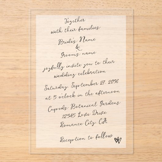 ミニマリストのスクリプト書の手タイポグラフィ結婚の アクリル招待状 (正面)