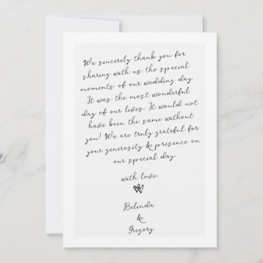 ミニマリストのスクリプト書の手タイポグラフィ結婚の サンキューカード (裏面)