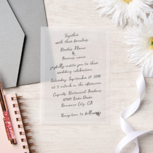 ミニマリストのスクリプト書の手タイポグラフィ結婚の ベラム紙招待状