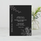 ミニマリストのスクリプト白黒フローラ結婚の 招待状 (スタンド正面)