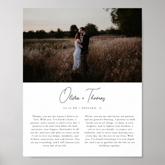 ミニマリストのスクリプト結婚誓約書と写真 ポスター (正面)