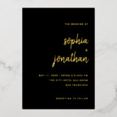 ミニマリストのスクリプト |結婚の黒と金ゴールド 箔招待状 (正面)