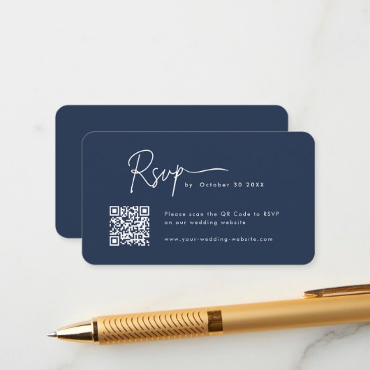 ミニマリストのスクリプトRsvp QrコードNavy 結婚 Blue's エンクロージャーカード (正面/裏面インサイチュ)