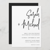 ミニマリストのスクリプモダント黒と白結婚 招待状 (正面/裏面)