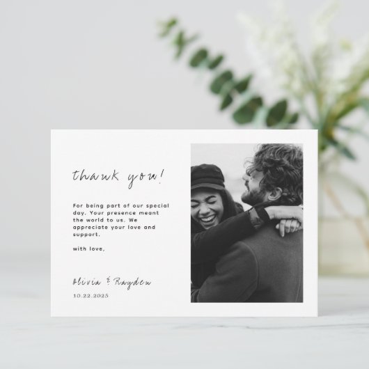 ミニマリストのスクリプ結婚ト写真 サンキューカード (スタンド正面)