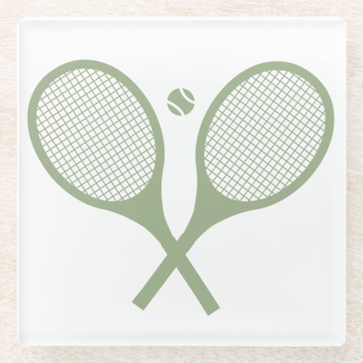 ミニマリストのセージ緑のテニスラケットボール ガラスコースター (正面)