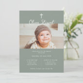 ミニマリストのセージ緑の写真バプテスマ《キリスト教》洗礼式や命名式 招待状 (スタンド正面)